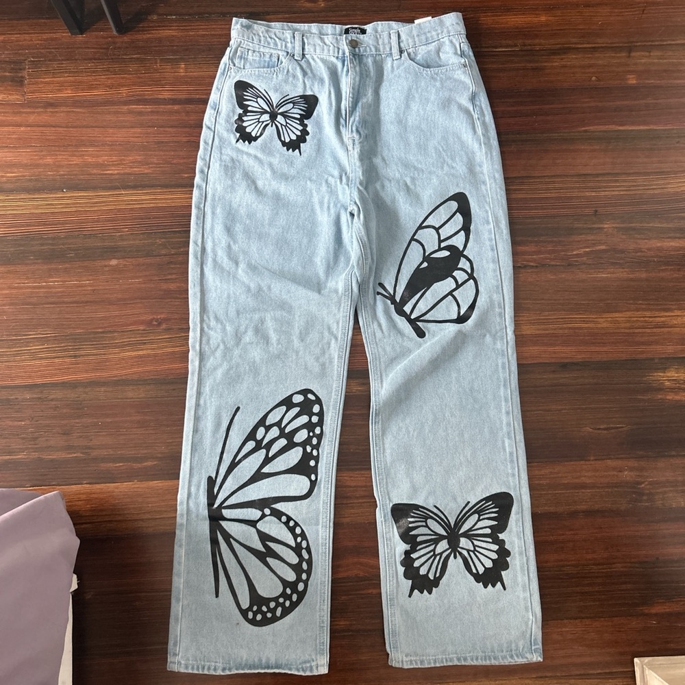 Butterfly Print Light Blue Jeans